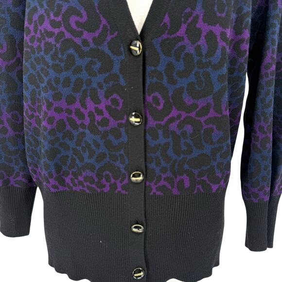 St John Animal Print Cardigan Sweater Purple Blue Black Button Front Women’s M - Picture 3 of 10